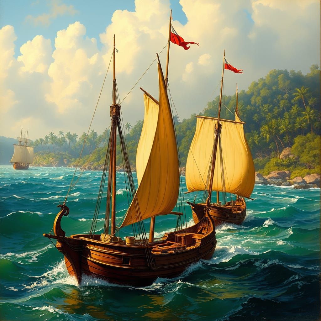 Vibrant 16th-Century Caravels in Golden Light
