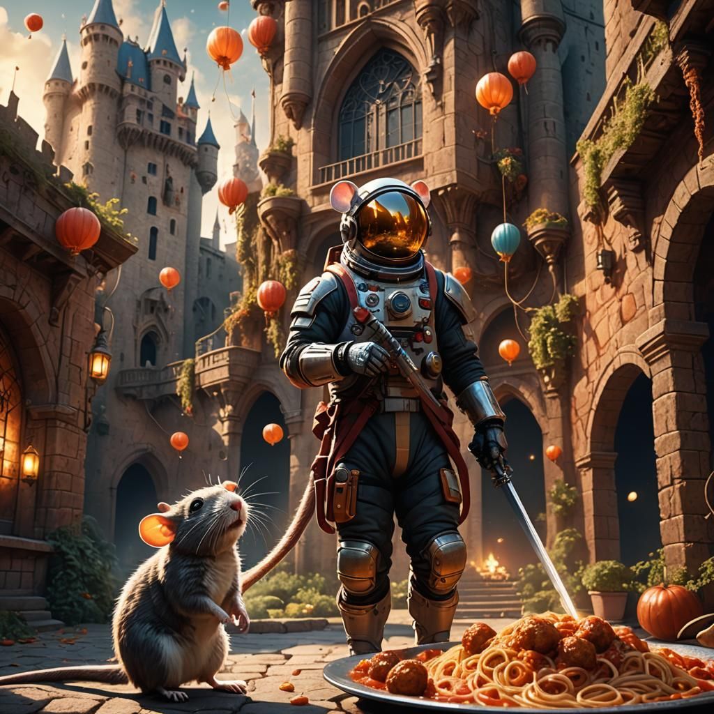 Astronaut and Sword-Wielding Rat in Spaghetti Castle