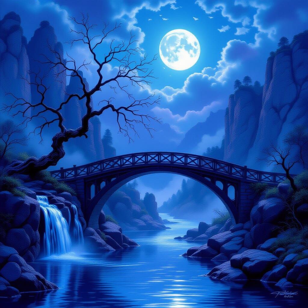 Magical Moonlit Bridge Scene with Waterfalls