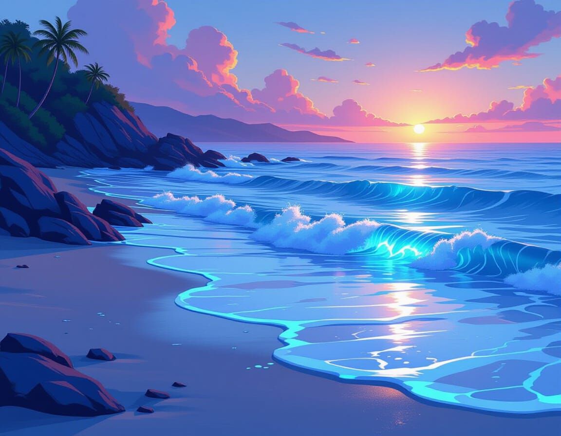 Bioluminescent Waves on Shoreline in Ethereal Style