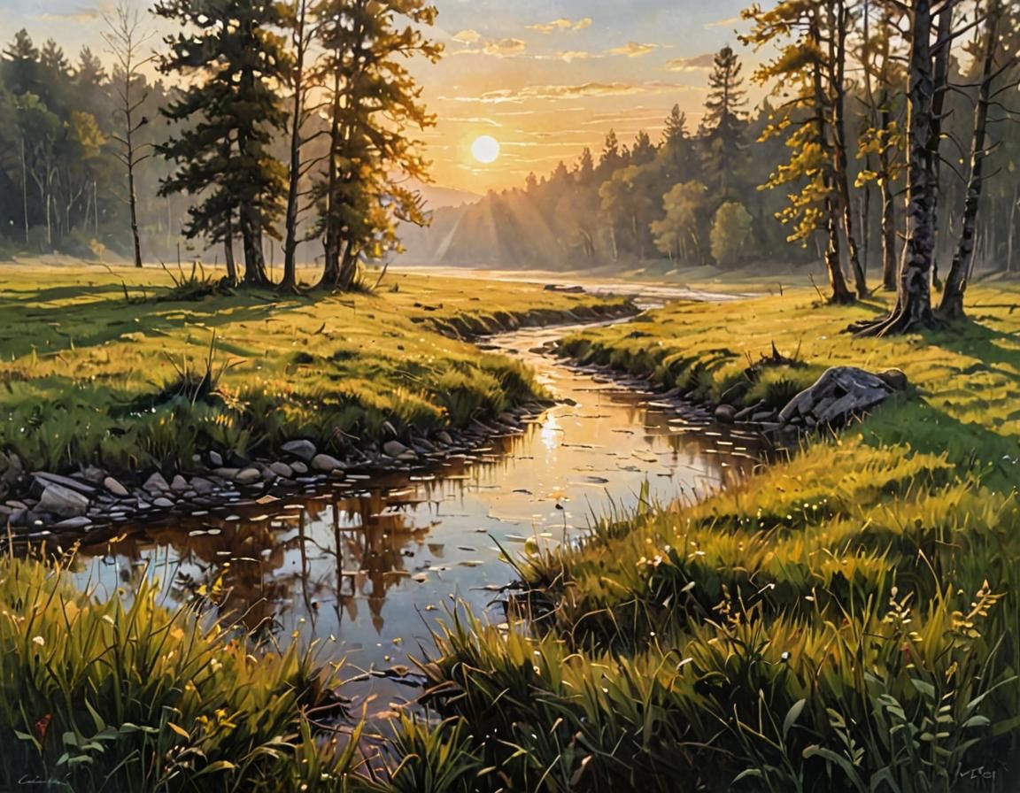 Golden Light on Meadows: An Acrylic Painting