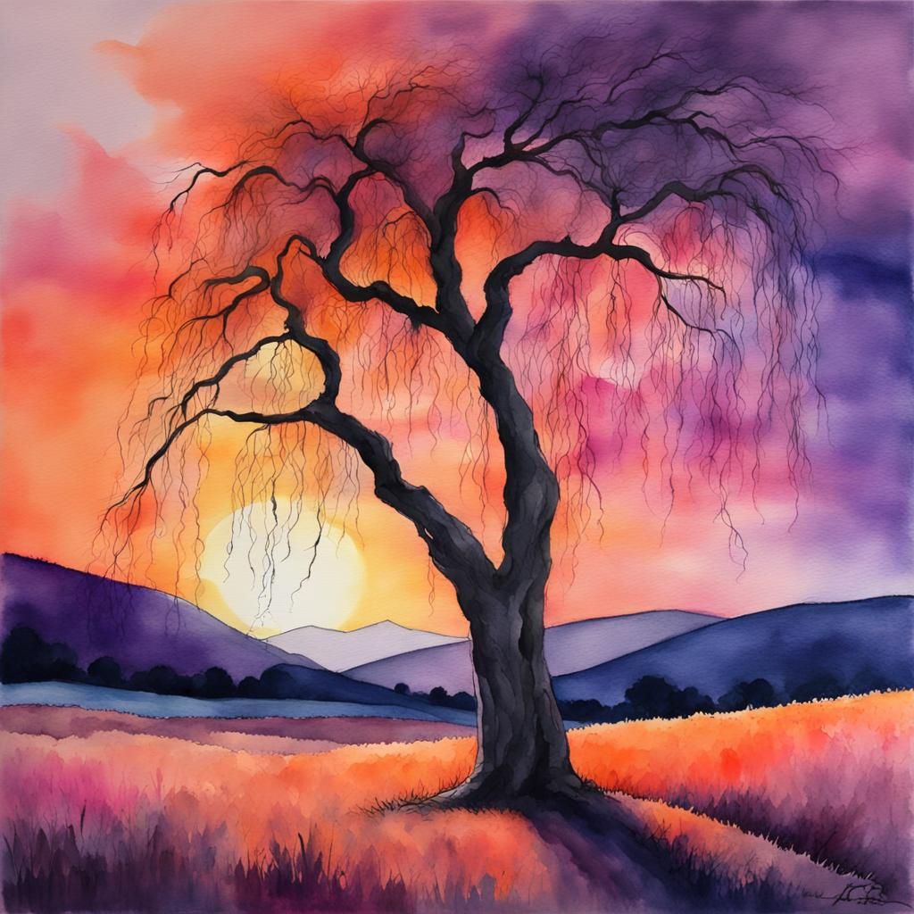 Watercolor Willow Tree at Sunset