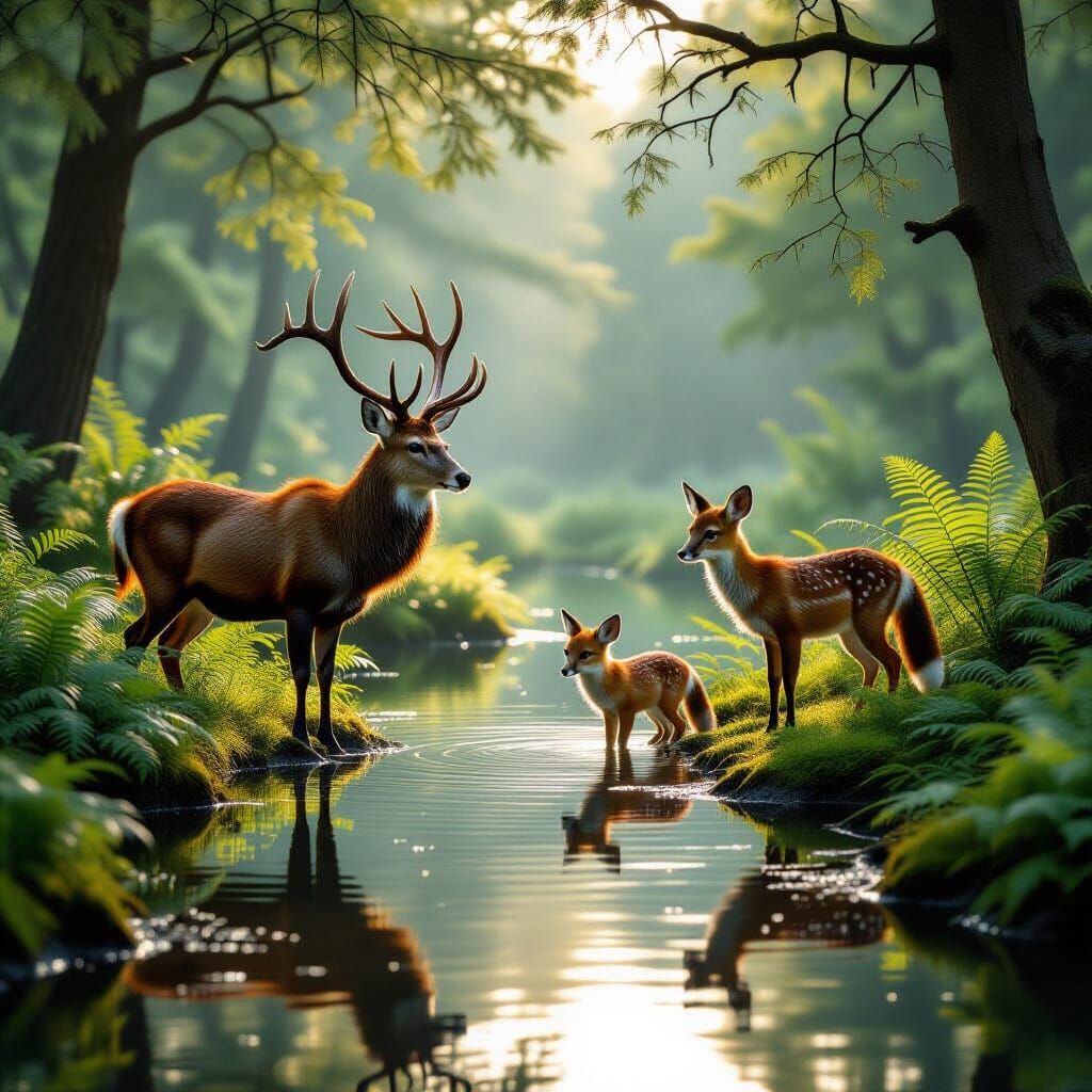 Majestic Wildlife Drinks from Forest Pond at Dawn