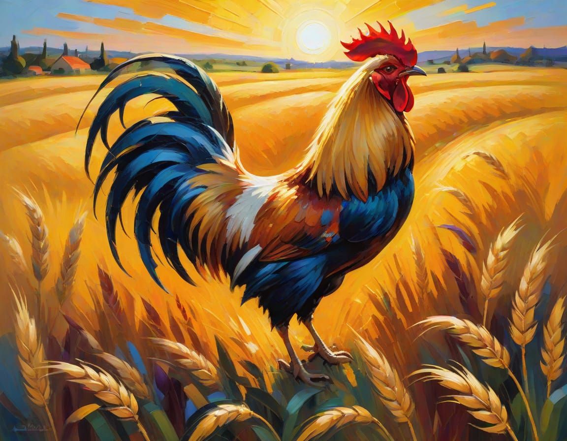 Golden Rooster in Vibrant Neo-Impressionist Style