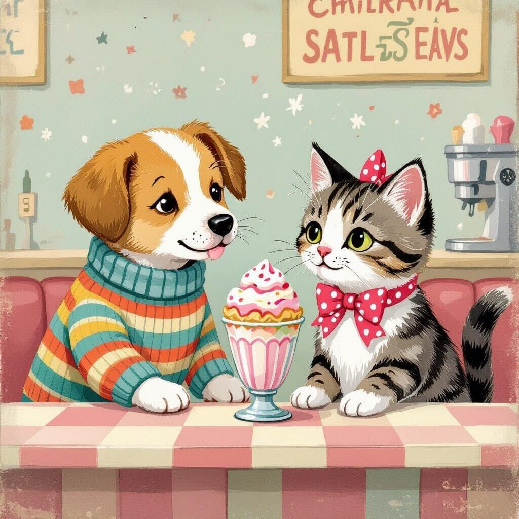 Puppy and Kitty Share Ice Cream, Illustrated Style