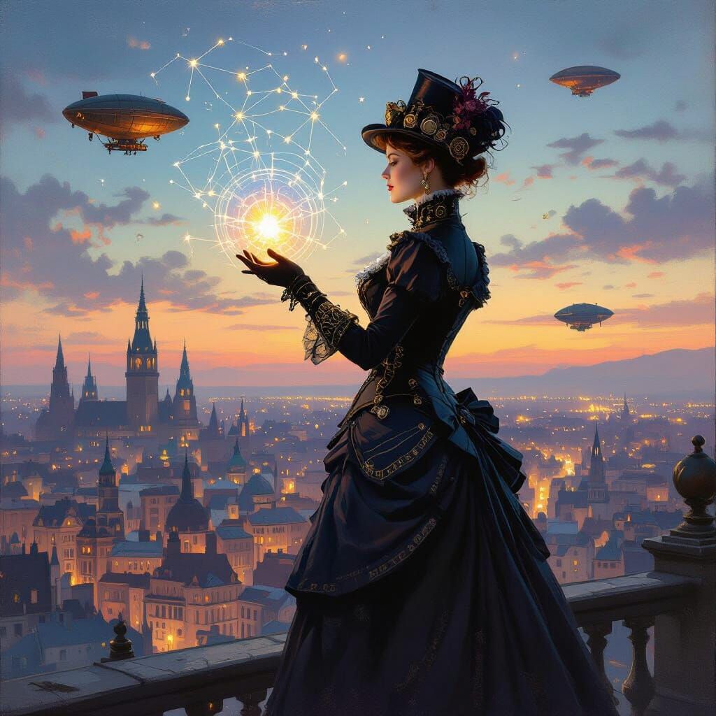 Steampunk Woman with Constellation Artifact Over Twilight Ci...