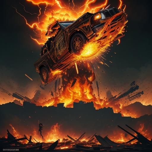 Epic Splash Art. Close-up. Alexander the Great wearing sunglasses and a leather jacket fires a laser pistol at a giant a...