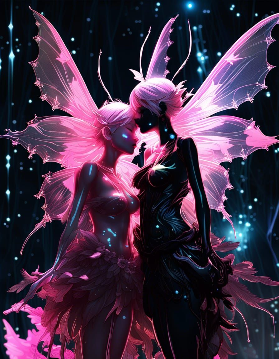Bioluminescent Fairies Kissing Under Moonlight