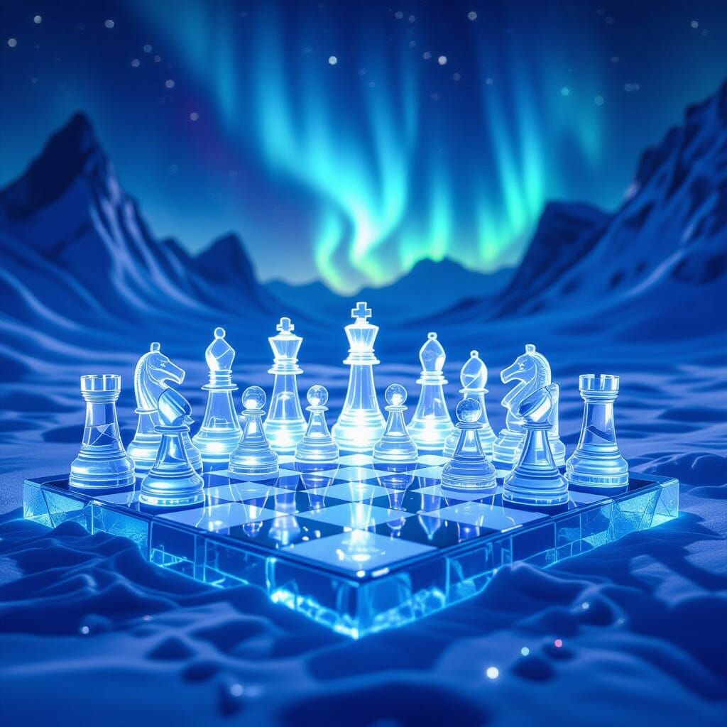 Surreal Ice Chess Game Under Alien Aurora Borealis
