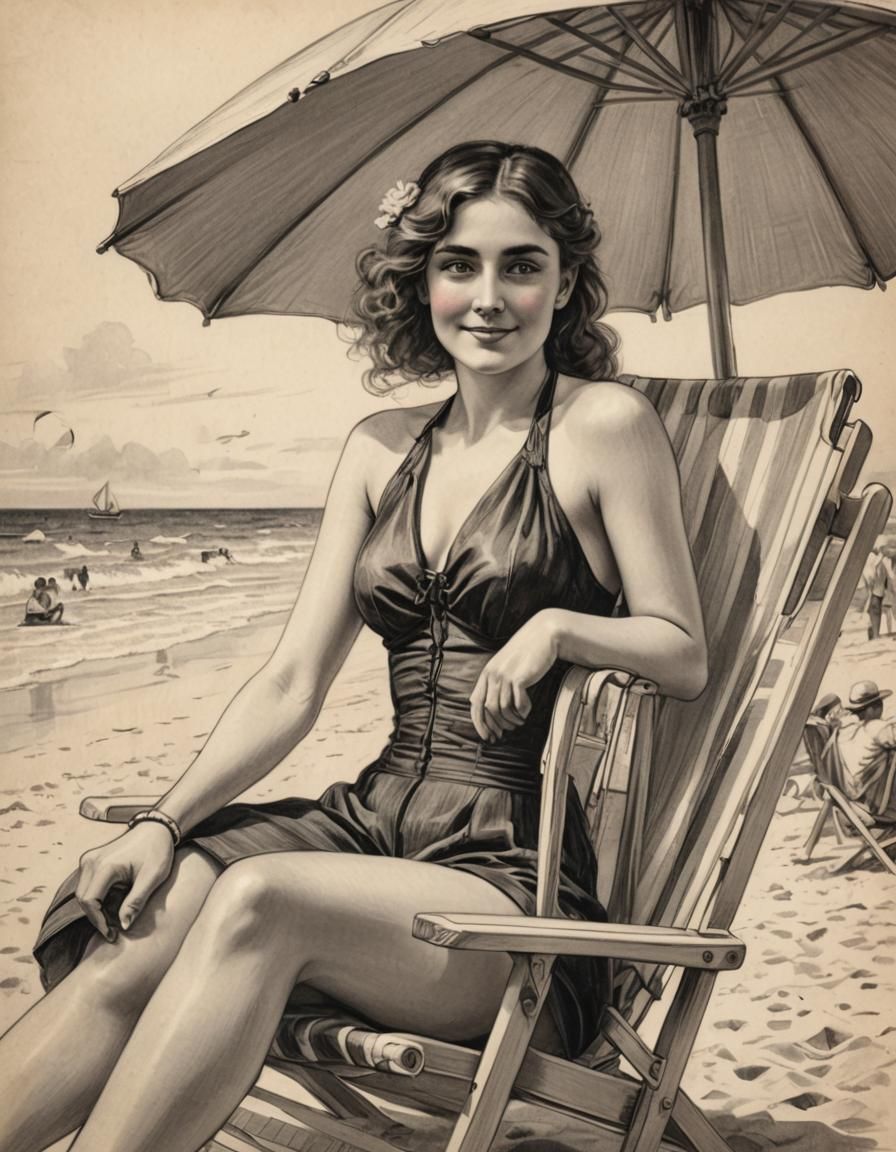 A beautiful young Victorian woman in a swimsuit at the beach...
