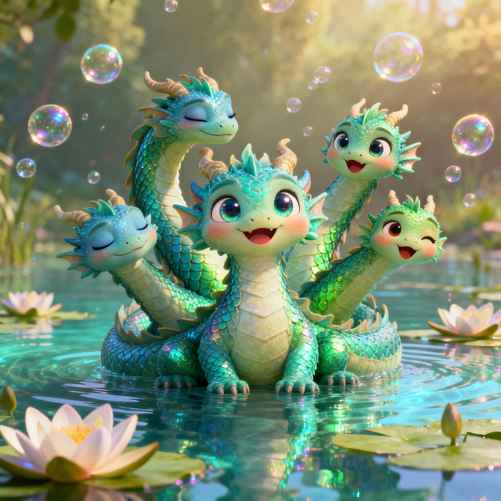 Cute Multi-Headed Dragon in Disney Pixar Style