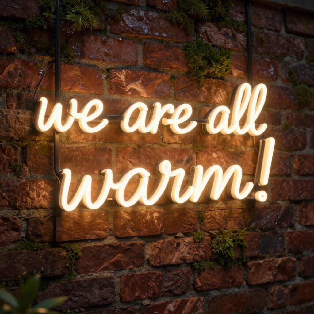 Neon Sign "We Are All Warm!" on Mossy Brick Wall