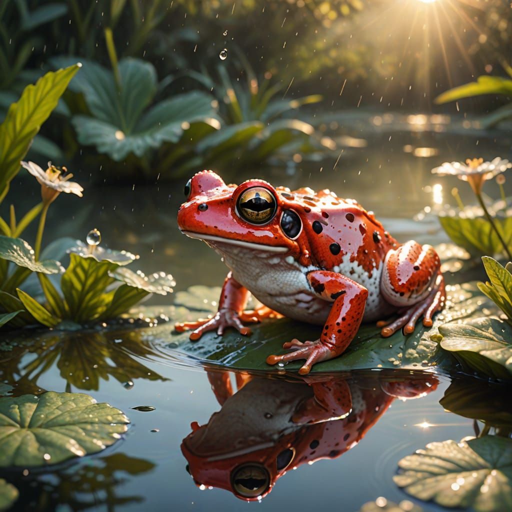 Polka-Dotted Frog Hunting Mosquito in Hyperrealistic Digital...