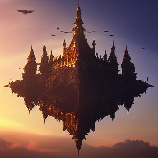 Flying Castle in Sunset Sky: Digital Matte Painting