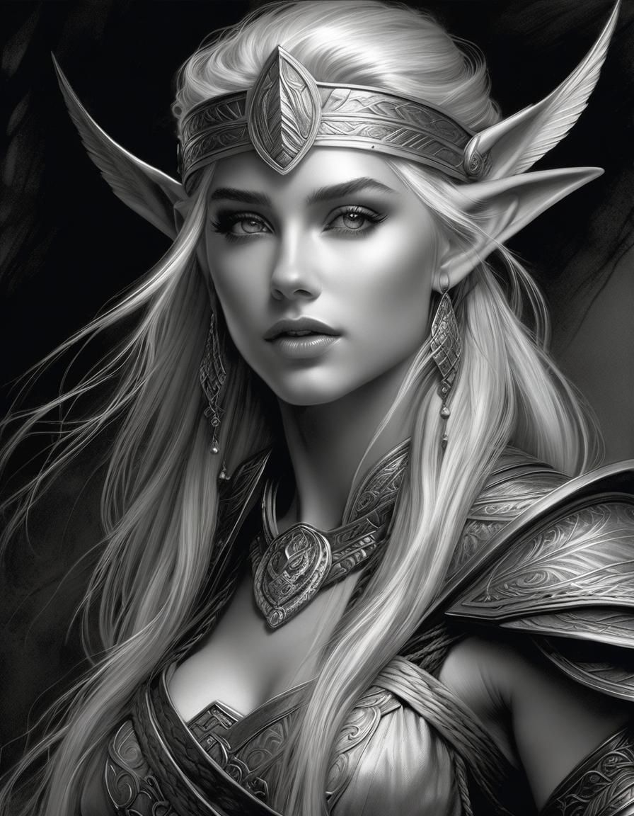 Grayscale Portrait of Elven Warrior in Charcoal