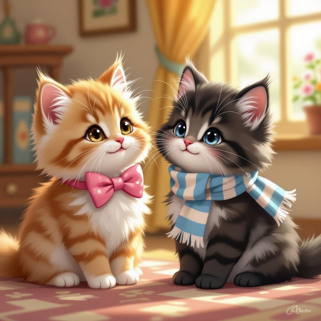 Kittens Greet in Whimsical Illustration Style