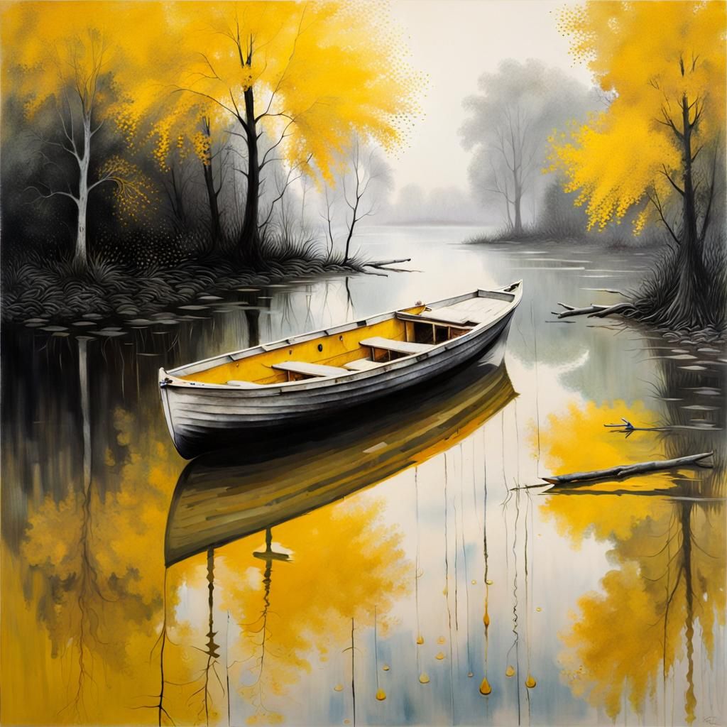 Abandoned Boat Reflects in Rainy Moonscape