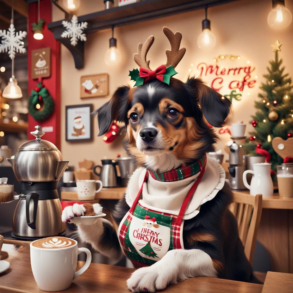 A lively "cute dog  Cafe" Christmas scene,  high-resolution photograph, anthropomorphic barista dog in a charming Christ...