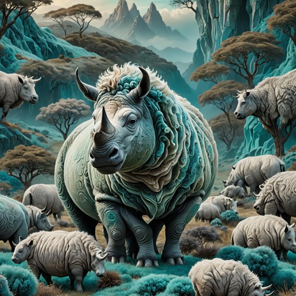Majestic Sheep-Rhino Hybrid in Dreamlike Landscape