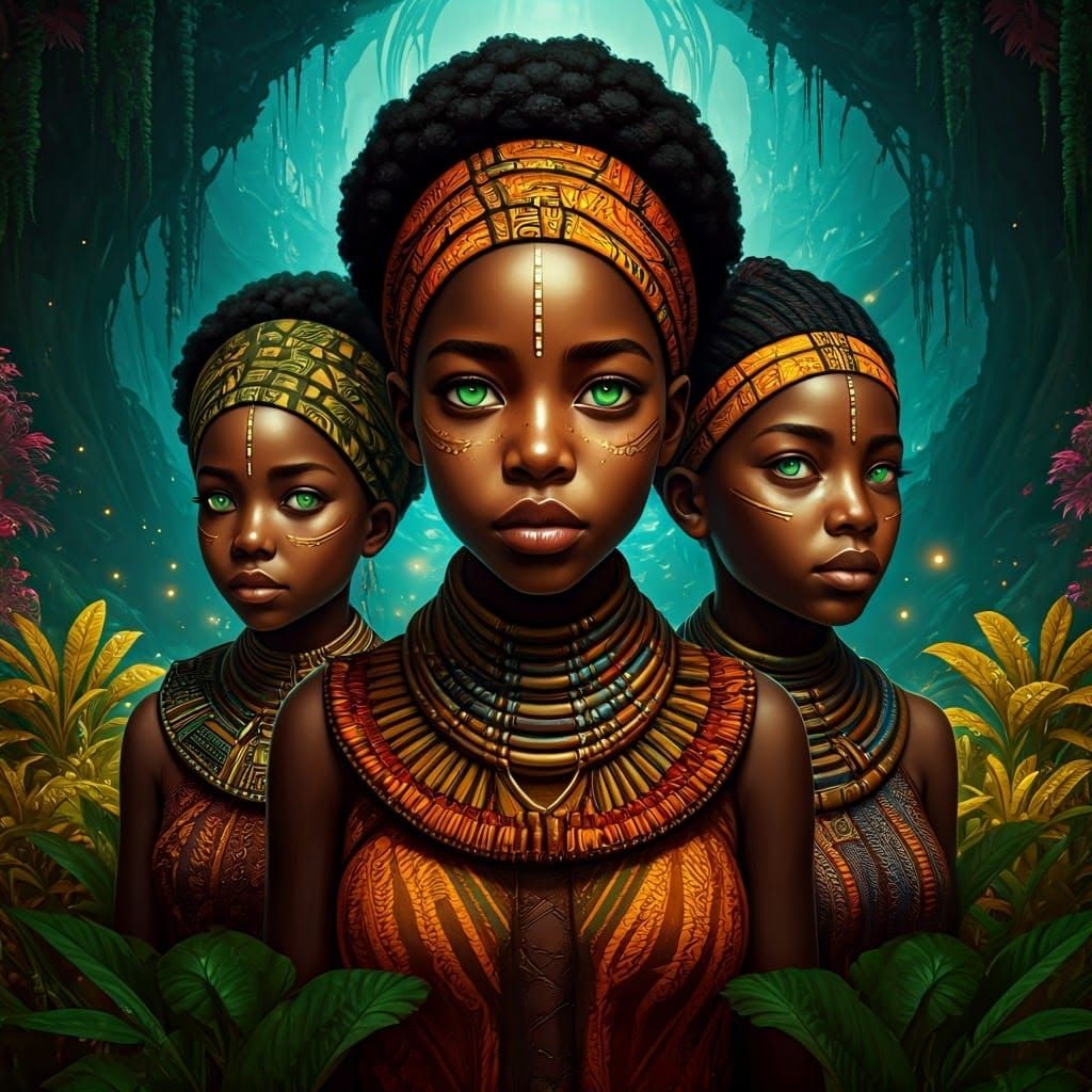 Fantasy Art of Three Girls in Dreamlike Environment