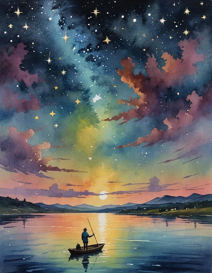 Starlit Gouache Night: Impressionist Watercolor Masterpiece