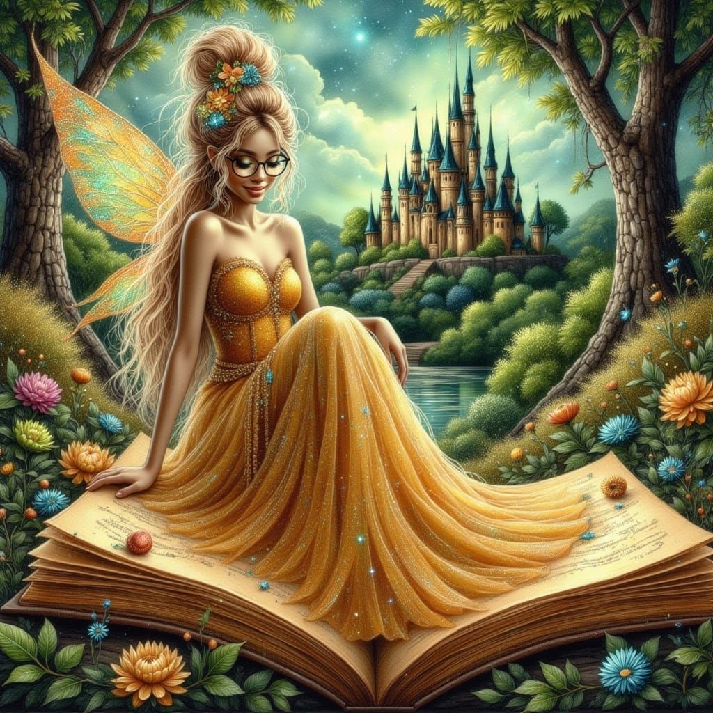 Glamorous Fairy Sits on Golden Book in Whimsical Castle Scen...