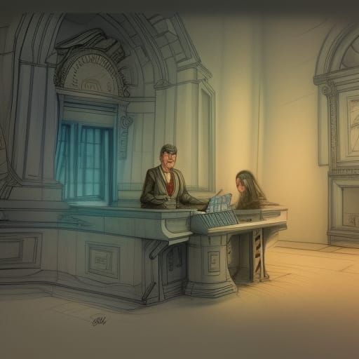 Detailed Courtroom Sketch in Colored Pencil and Graphite