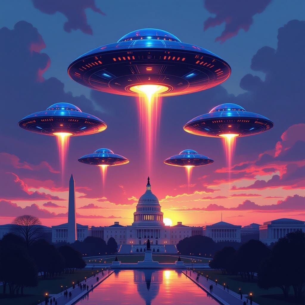Surreal Futuristic Invasion Over Washington D.C. in Cyberpun...