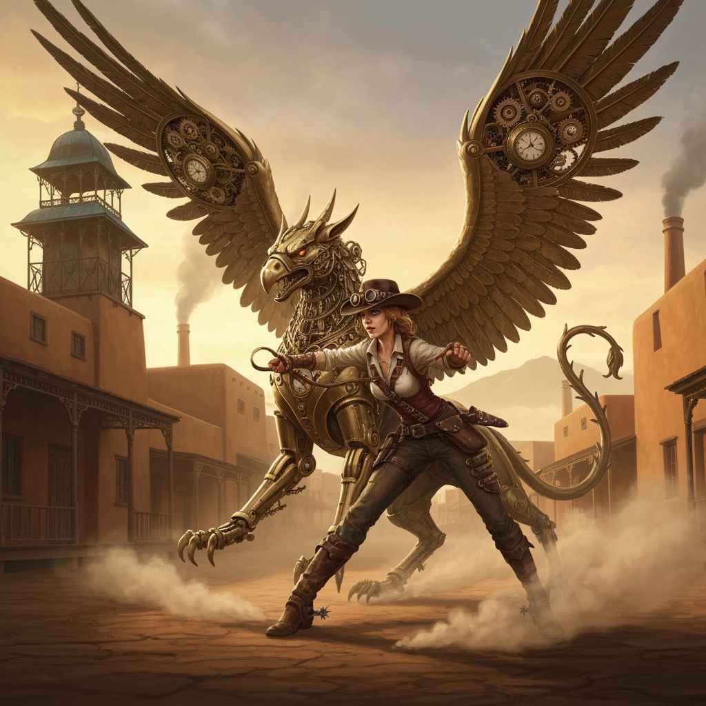 Steampunk Cowgirl Tames Mechanical Griffin in Victorian Dese...