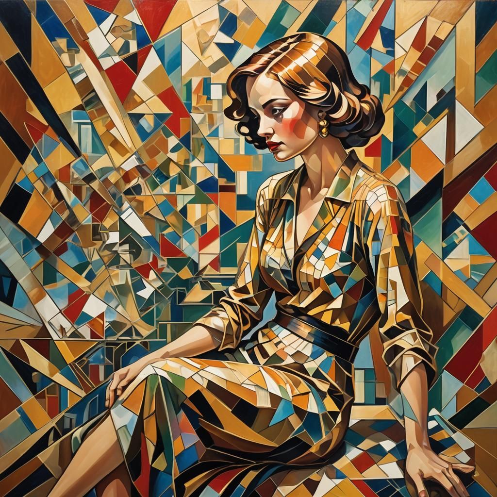 Geometric Cubist Woman in Art Deco Interior