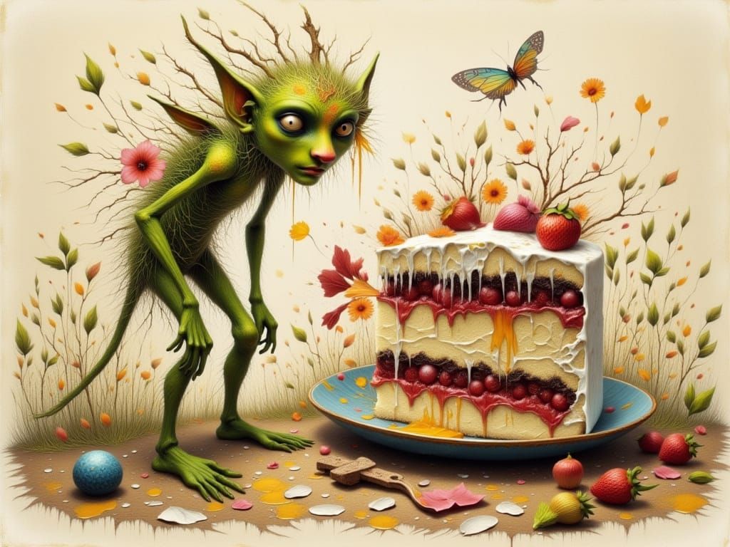 Elf Stealing Cake: Alcohol Ink Illustration in Froud Style