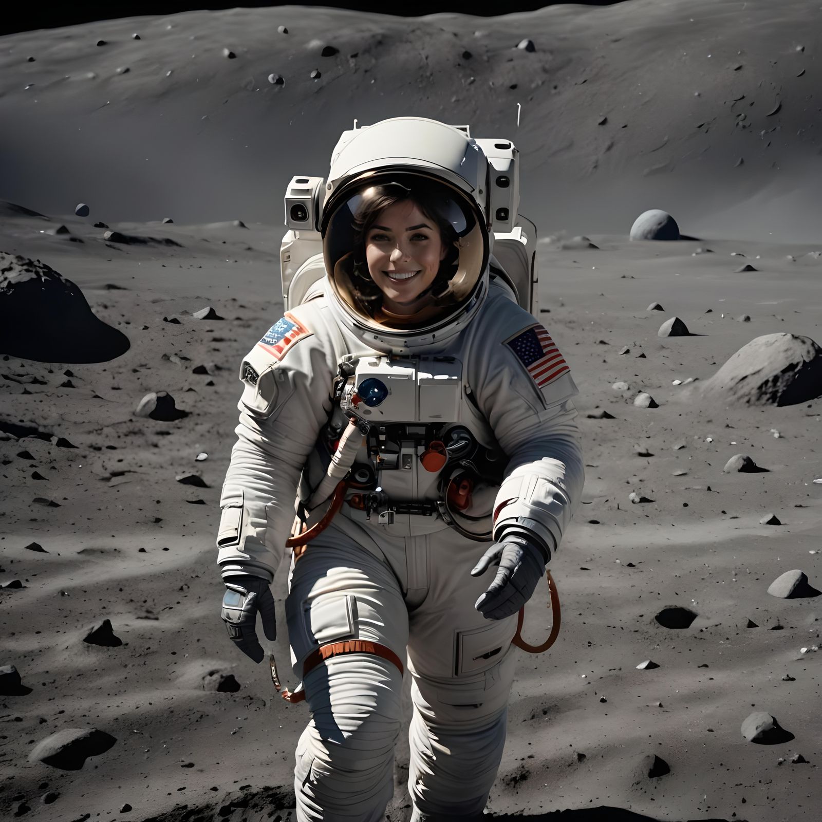 007 A beautiful female astronaut, wearing an apollo spacesuit on the moon.