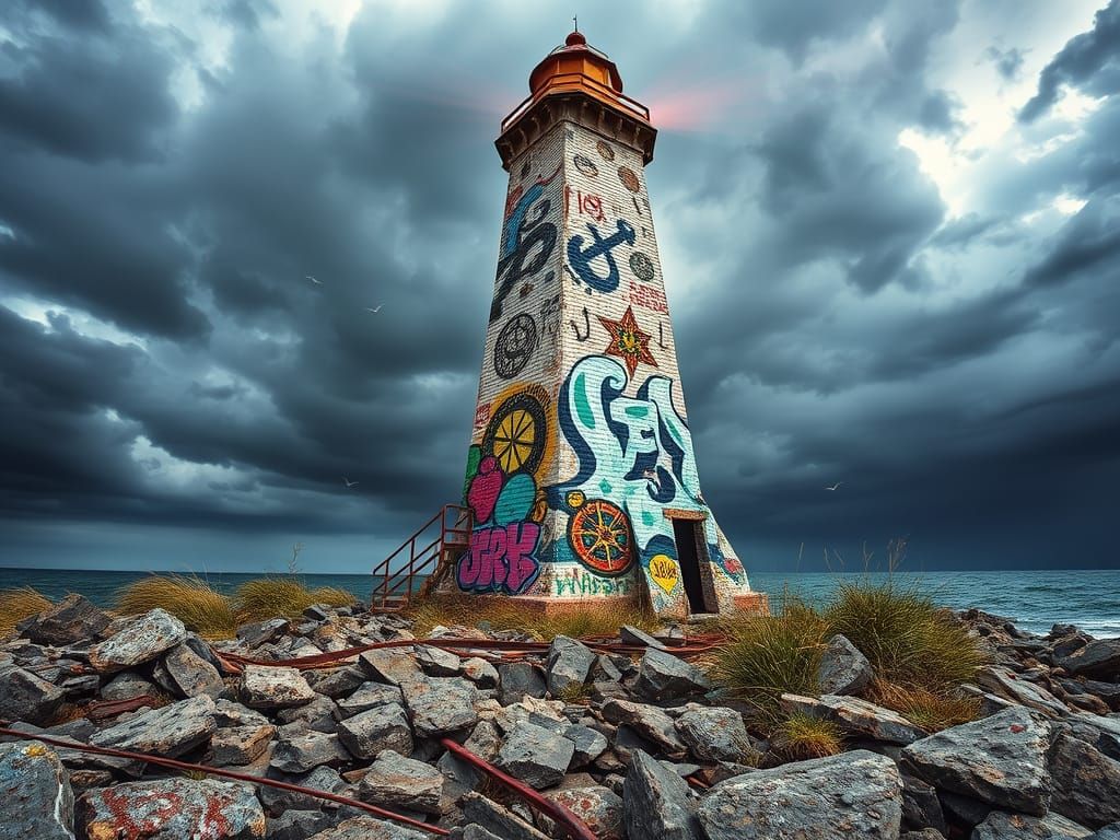 Lighthouse Graffiti: Abandoned Beacon in Street Art Style