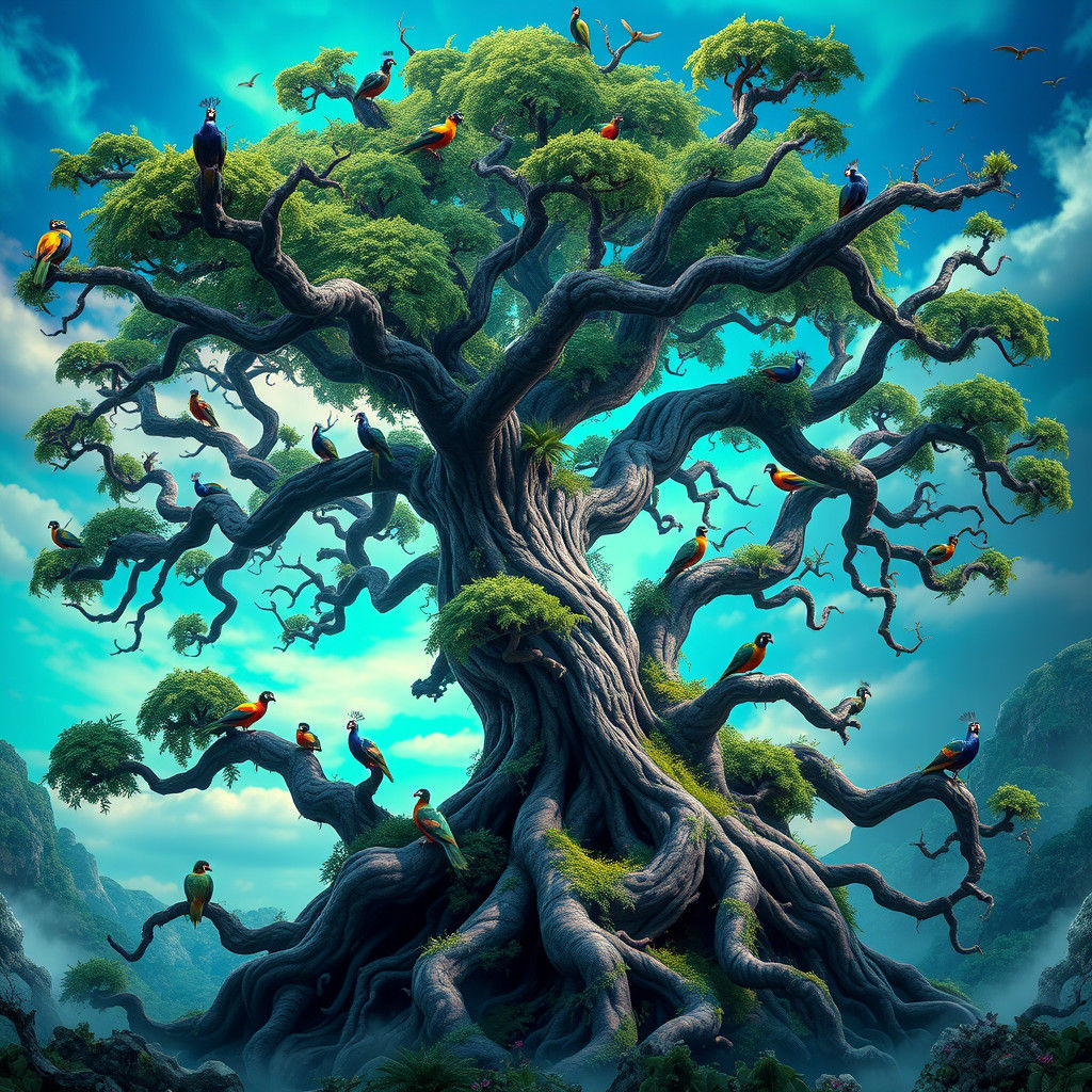 Majestic Tree with Exotic Birds in Fantasy Art Style