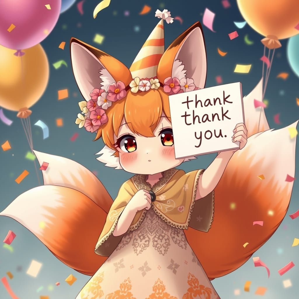 Vibrant Chibi Fox Anime Girl Celebrates 1k Likes in Colorful...