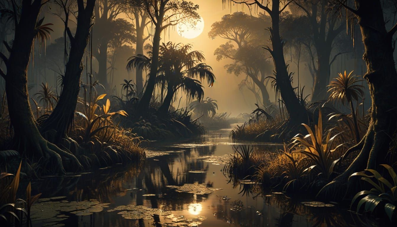 Surreal Swamp Scene in Chiaroscuro Lighting