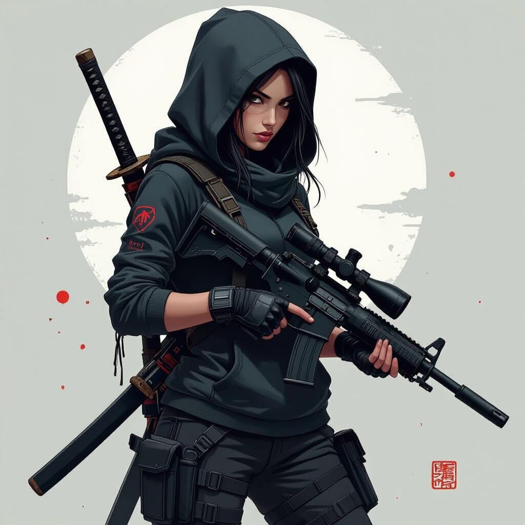 Cyberpunk Ninja Woman with Rifle and Sword