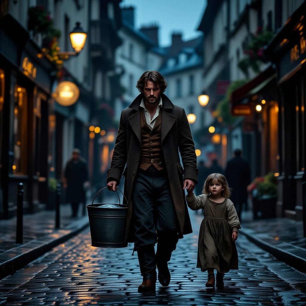 Valjean and Girl Walk Paris Streets at Night