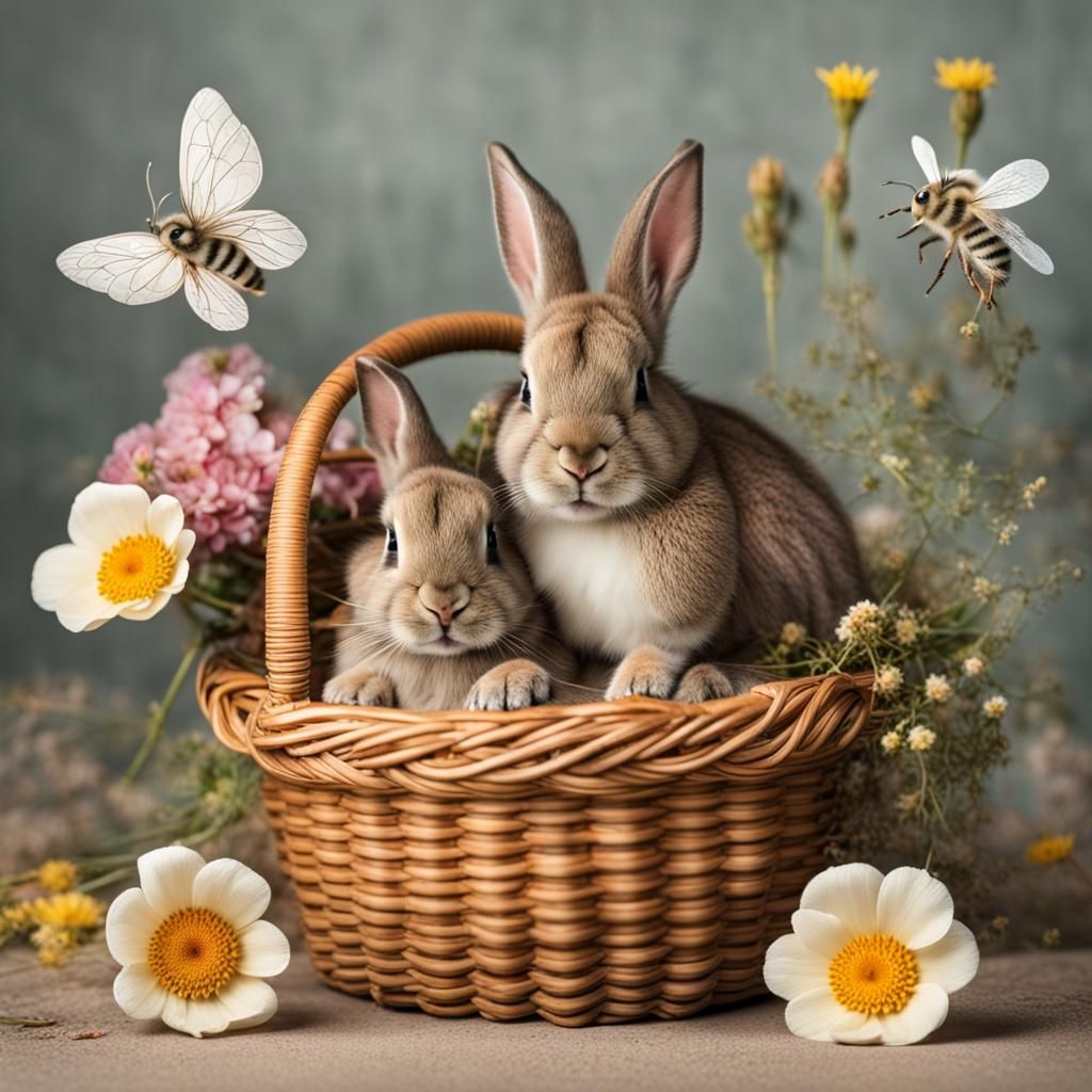 Baby Bunny in Flower Basket with Bees