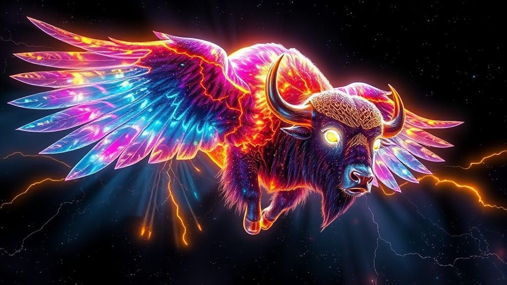 Celestial Winged Buffalo Soars in Cosmic Watercolor