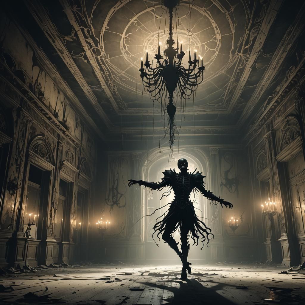 Horror Character Dancing in Abandoned Ballroom