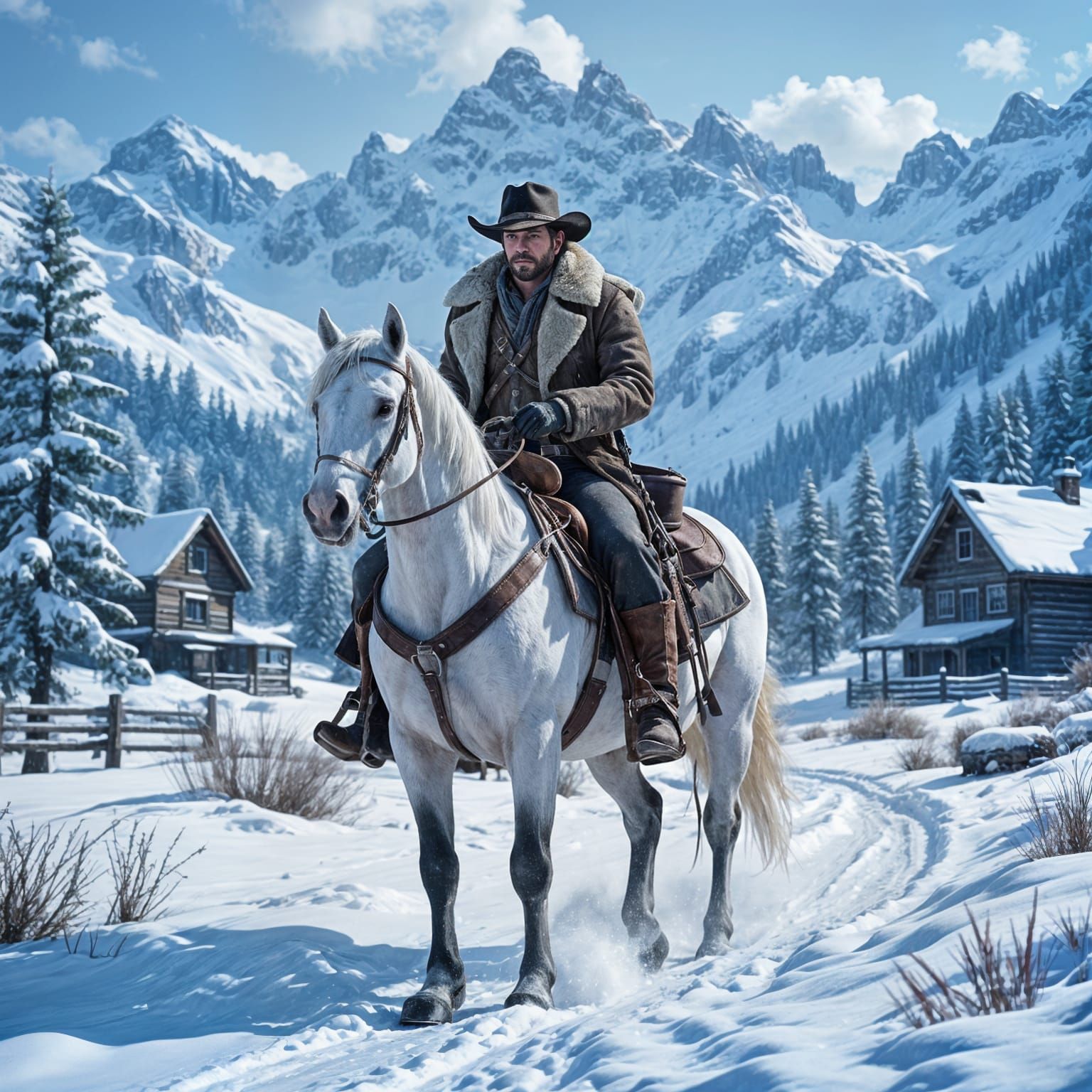 Arthur Morgan Rides Horse Through Snowy Mountains
