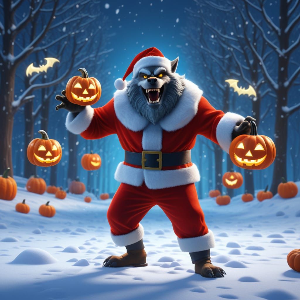 Werewolf Santa Dancing in Snowy Whimsy
