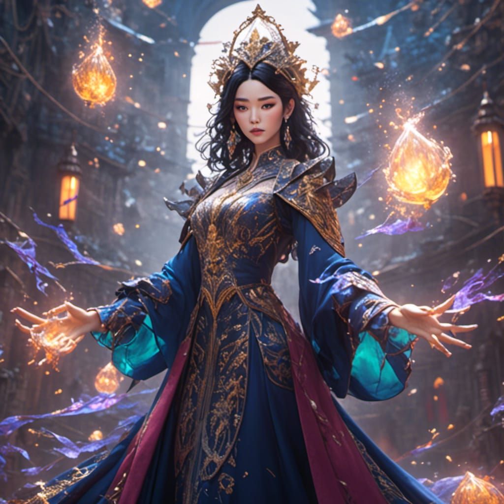 Korean Female Wizard Casting Spell, Detailed Fantasy Art