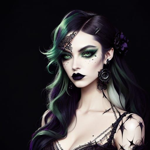 Gothic Emo Space Goddess with Intricate Lace and Dark Access...