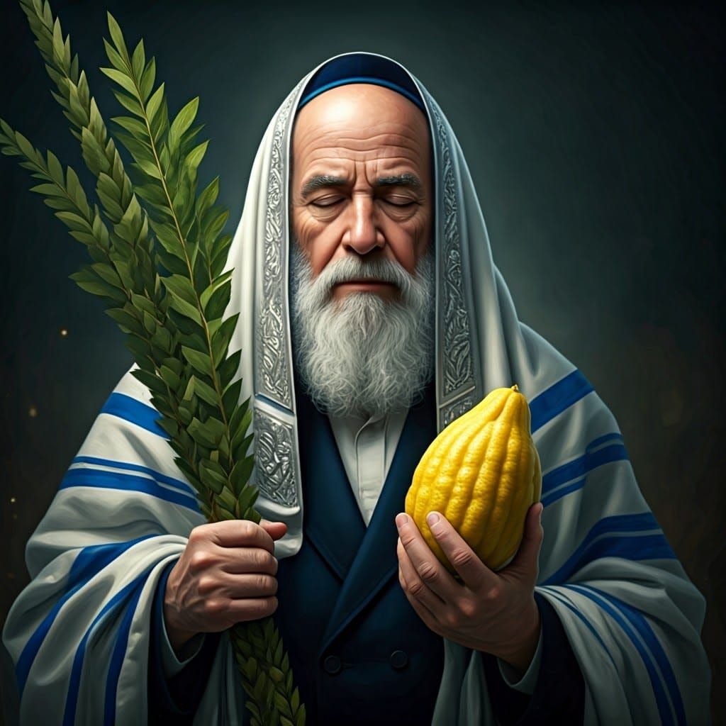 Elderly Jewish Man Holding Lulav, Matte Painting Style