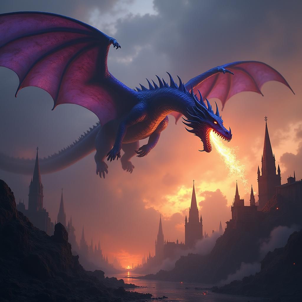 Dragon Attacks City in Dark Fantasy Style
