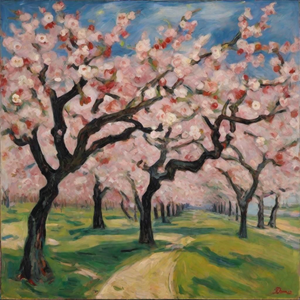 Cherry Blossoms Bloom on Battlefield, Expressionist Style