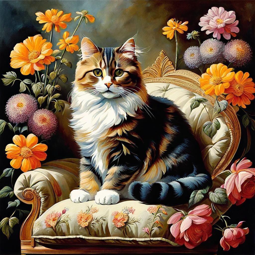 Cute Cat on Pillow with Flowers, Painterly Style