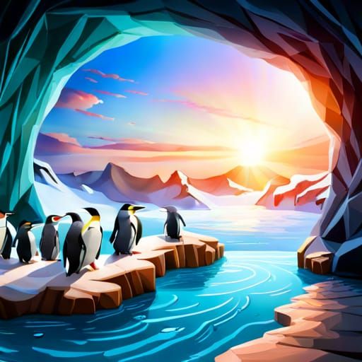 Realistic Penguin Colony at Zoo, Detailed Painting